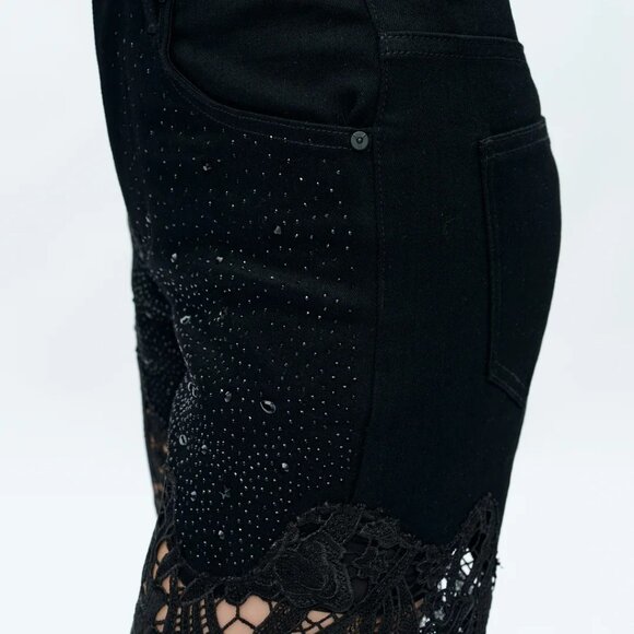 NWT Bayeas Lesley Black High Rise Lace Wide Leg Jeans with Rhinestones - Picture 9 of 12